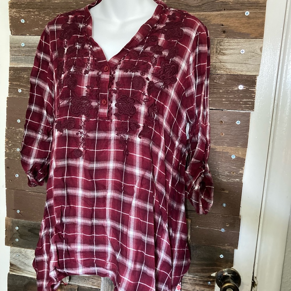 Embroidered, plaid and paisley blouse.